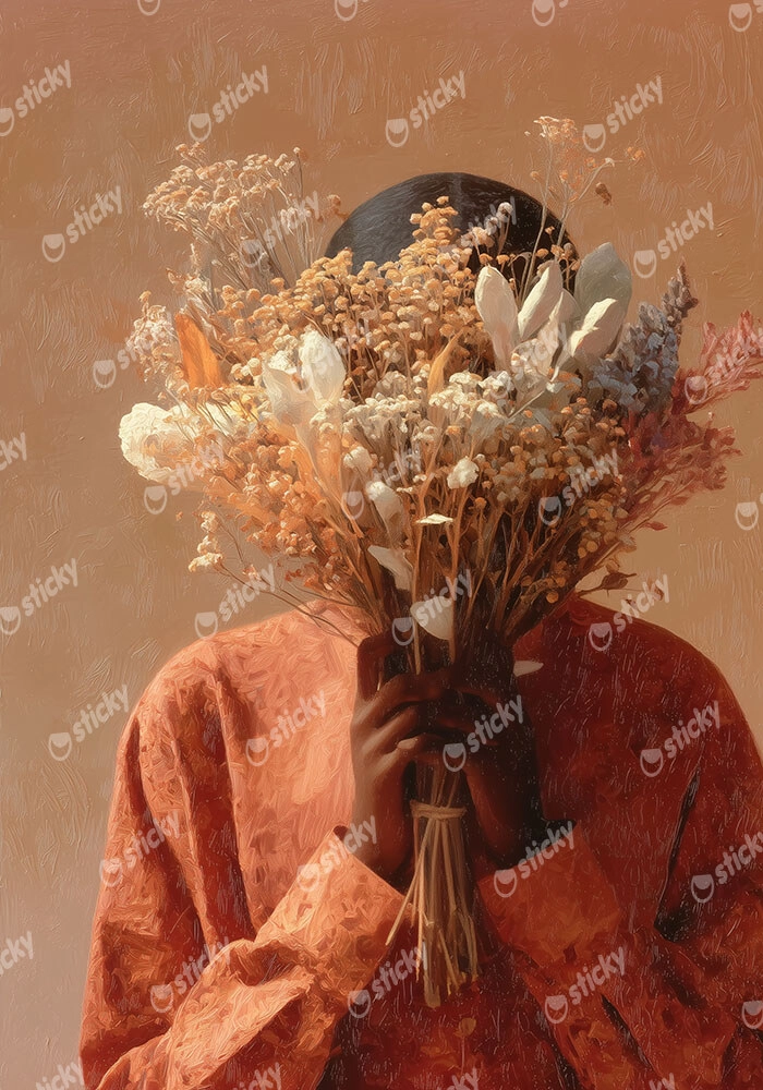 Πίνακας σε Καμβά AFROCENTRIC WOMAN HIDING BEHIND BOUQUET
