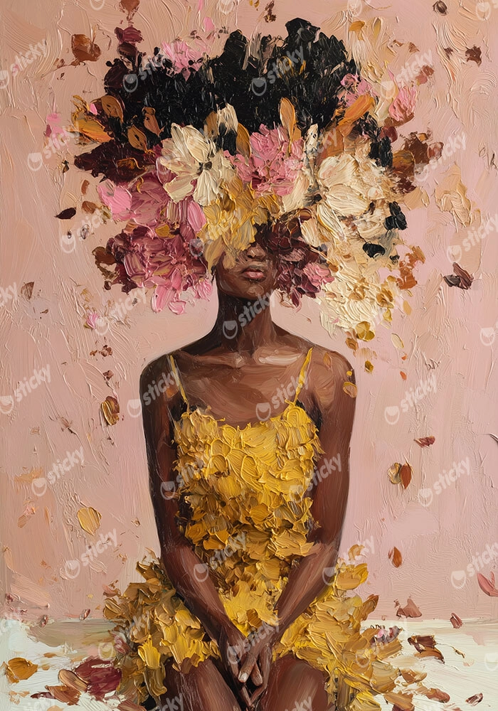Πίνακας σε Καμβά AFROCENTRIC WOMAN FLOWERS BRUSH STROKES PINK
