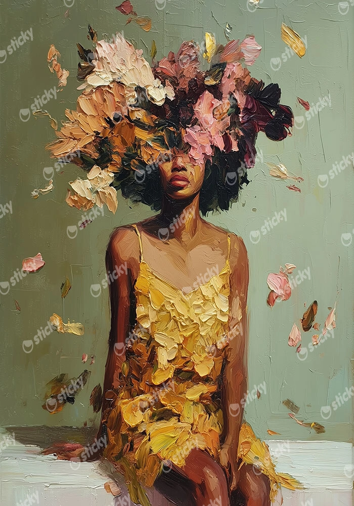 Πίνακας σε Καμβά AFROCENTRIC WOMAN FLOWERS BRUSH STROKES GREEN