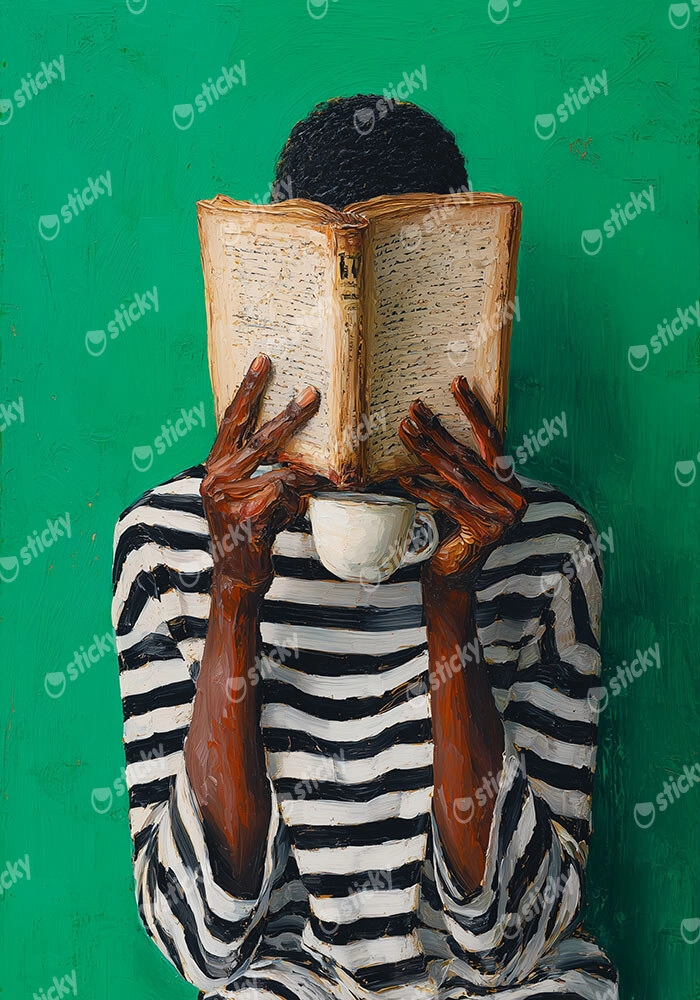 Poster AFROCENTRIC WOMAN HIDING BEHIND BOOK GREEN