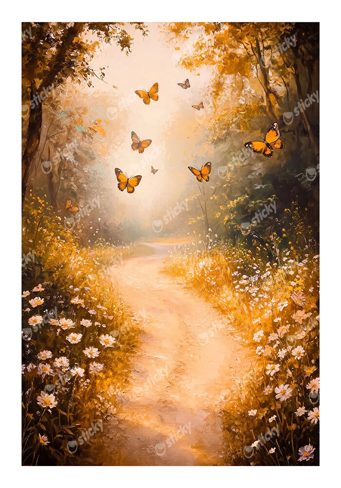 Poster VINTAGE PASTEL BUTTERFLIES FOREST PATH