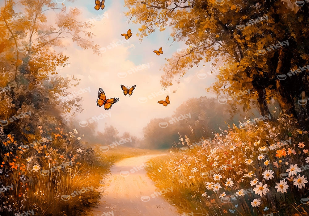 Πίνακας σε Καμβά VINTAGE PASTEL BUTTERFLIES FOREST PATH 2