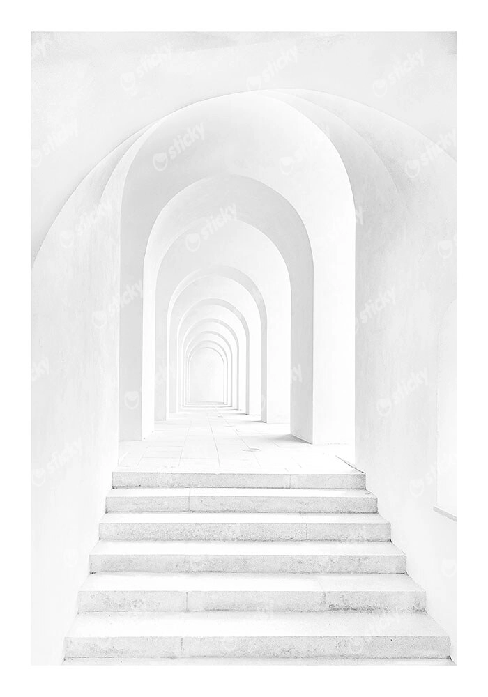 Poster BLACK AND WHITE ARCHITECTURAL ARCHWAY CORRIDOR WITH STAIRS