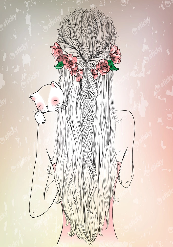 Πινακας σε καμβά HAND DRAWN LONGHAIR YOUNG GIRL WITH CAT
