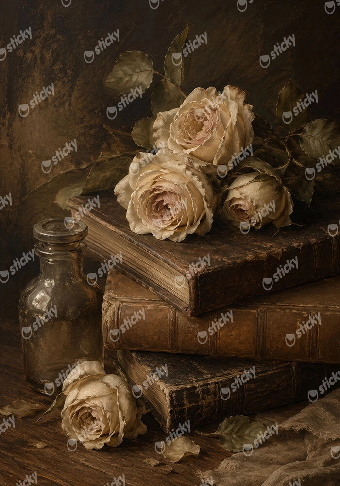 Πίνακας σε Καμβά VINTAGE DARK ACADEMIA BOOKS AND ROSES