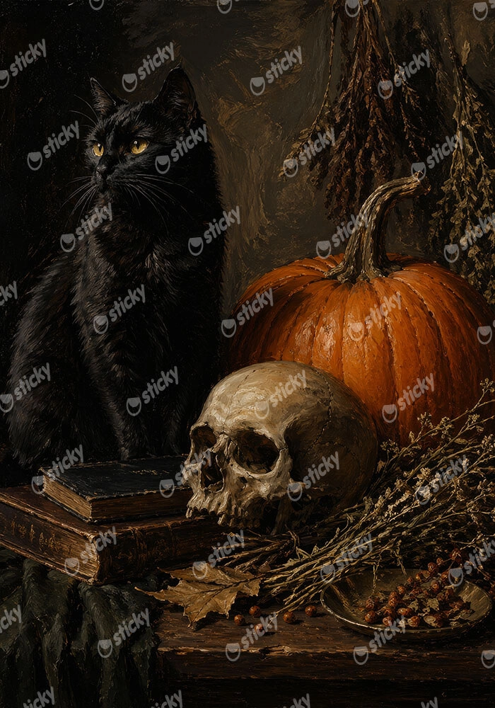 Πίνακας σε Καμβά VINTAGE DARK ACADEMIA CAT AND SKULL