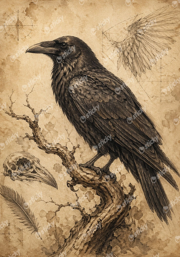Πίνακας σε Καμβά VINTAGE DARK ACADEMIA RAVEN