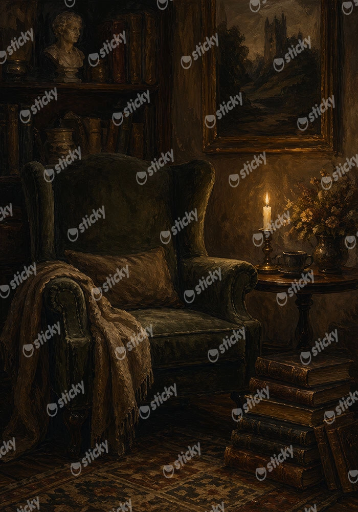 Πίνακας σε Καμβά VINTAGE DARK ACADEMIA READING CORNER