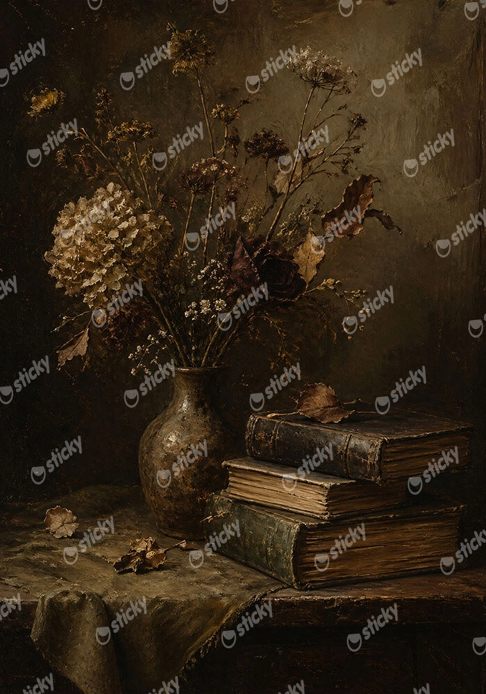 Πίνακας σε Καμβά VINTAGE DARK ACADEMIA BOOKS AND DRIED FLOWERS