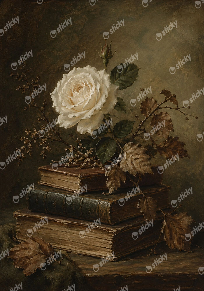Πίνακας σε Καμβά VINTAGE DARK ACADEMIA BOOKS AND ROSES 3