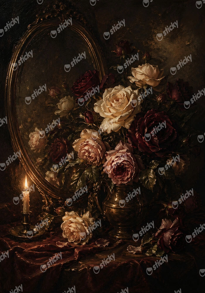 Πίνακας σε Καμβά VINTAGE DARK ACADEMIA MIRROR AND ROSES