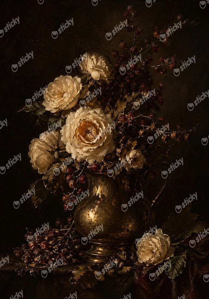 Πίνακας σε Καμβά VINTAGE DARK ACADEMIA ROSES VASE 2