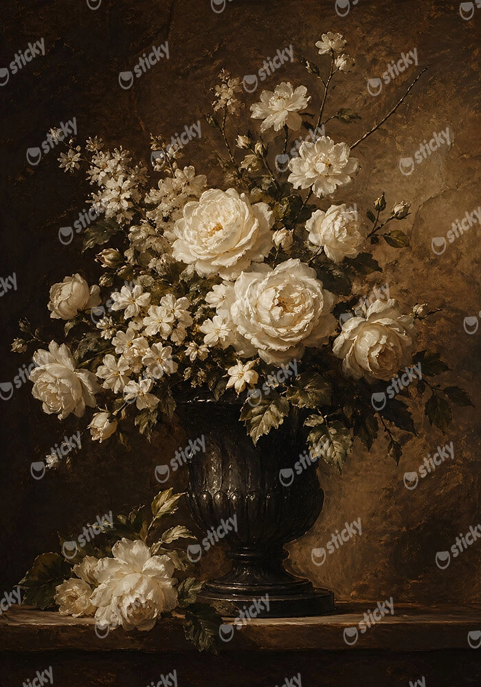Πίνακας σε Καμβά VINTAGE DARK ACADEMIA ROSES VASE