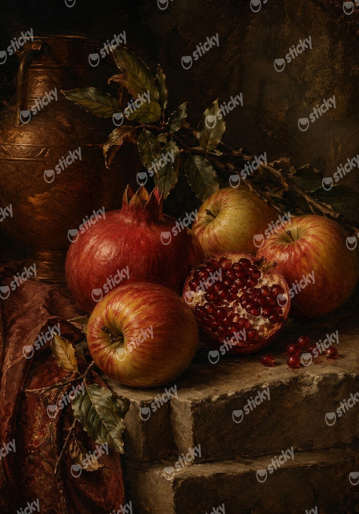 Πίνακας σε Καμβά VINTAGE DARK ACADEMIA APPLES AND POMEGRANATES