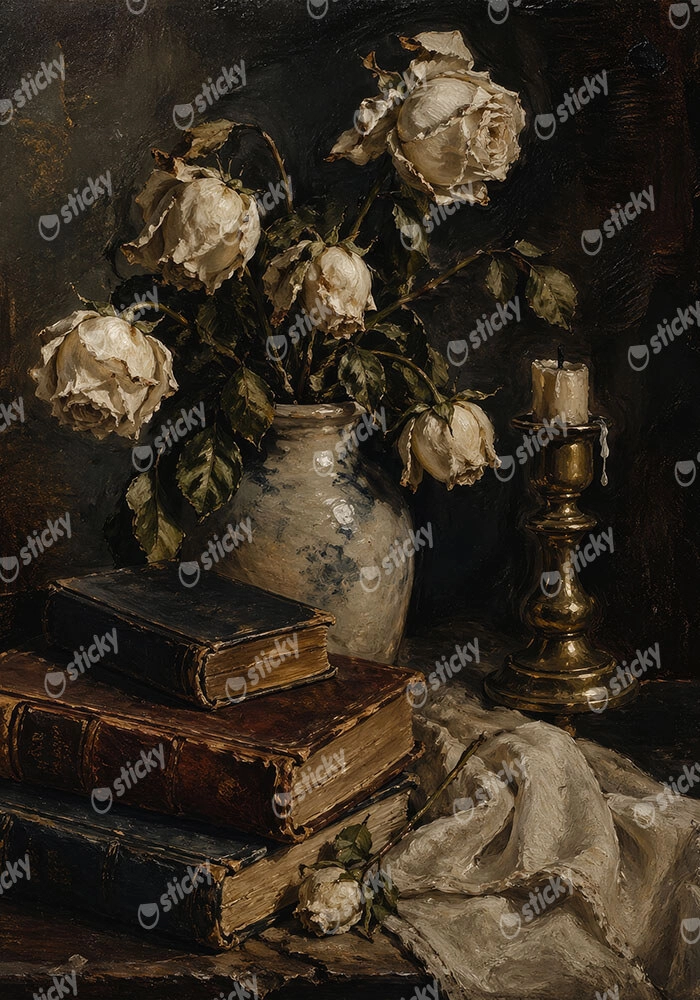 Πίνακας σε Καμβά VINTAGE DARK ACADEMIA BOOKS AND VASE
