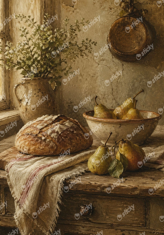 Πίνακας σε Καμβά VINTAGE DARK ACADEMIA BREAD AND PEARS