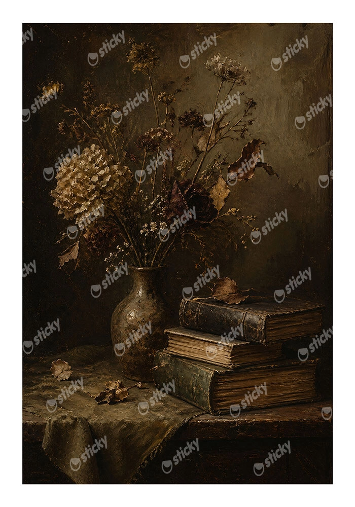 Poster VINTAGE DARK ACADEMIA BOOKS AND DRIED FLOWERS