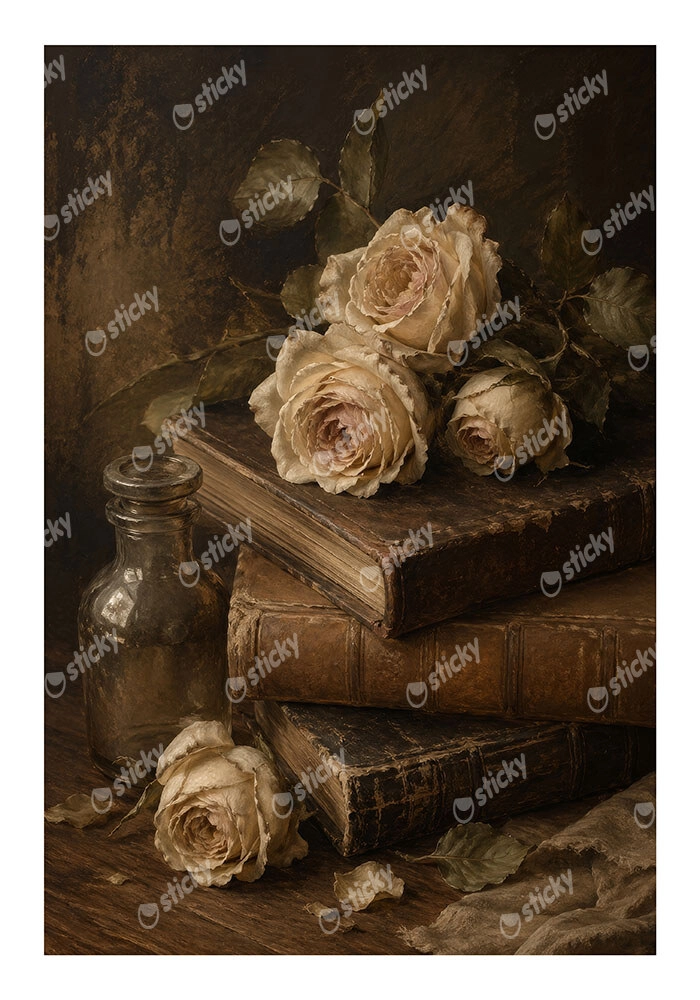Poster VINTAGE DARK ACADEMIA BOOKS AND ROSES