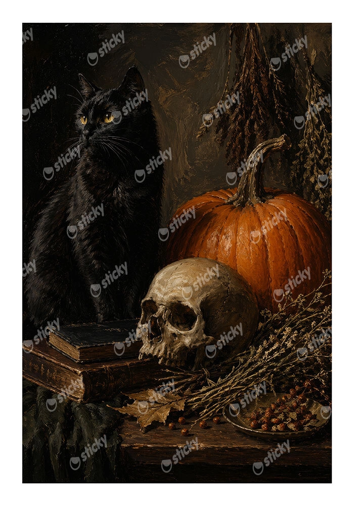 Poster VINTAGE DARK ACADEMIA CAT AND SKULL