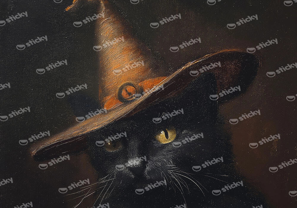 Πίνακας σε Καμβά VINTAGE AUTUMN HALLOWEEN CAT WITH HAT