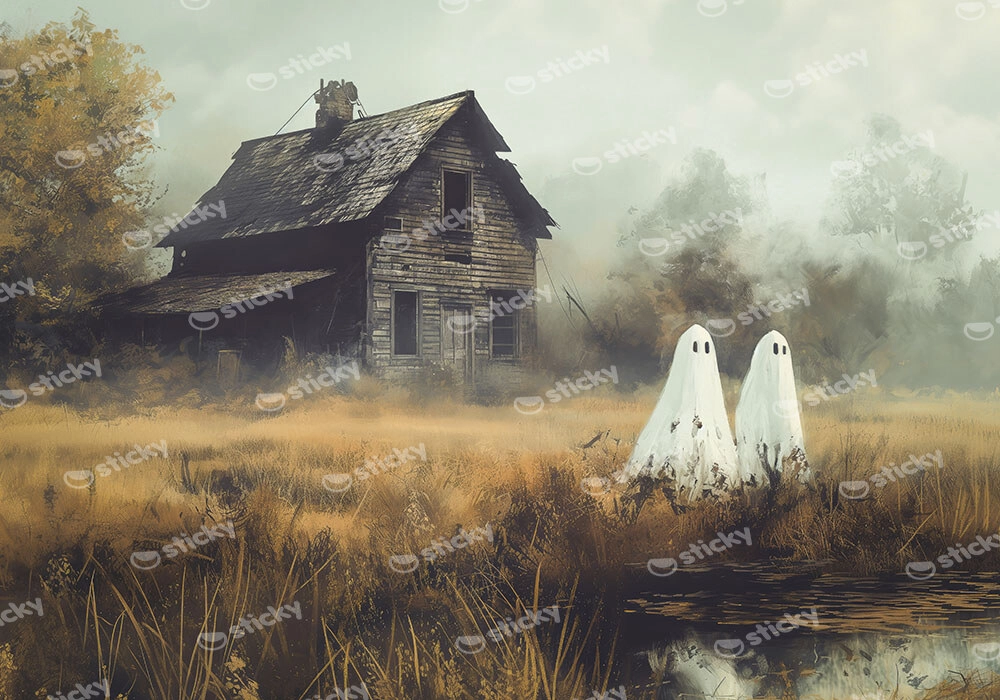 Πίνακας σε Καμβά VINTAGE AUTUMN HALLOWEEN GHOSTS OUTSIDE 4