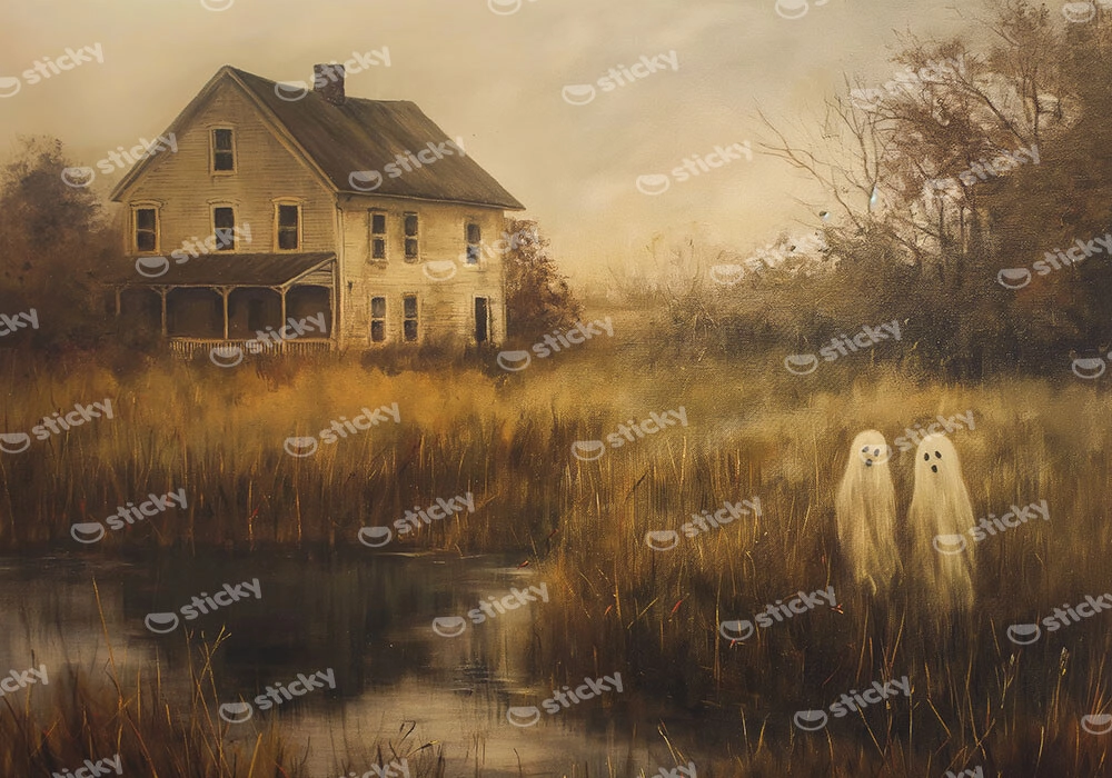 Πίνακας σε Καμβά VINTAGE AUTUMN HALLOWEEN GHOSTS OUTSIDE