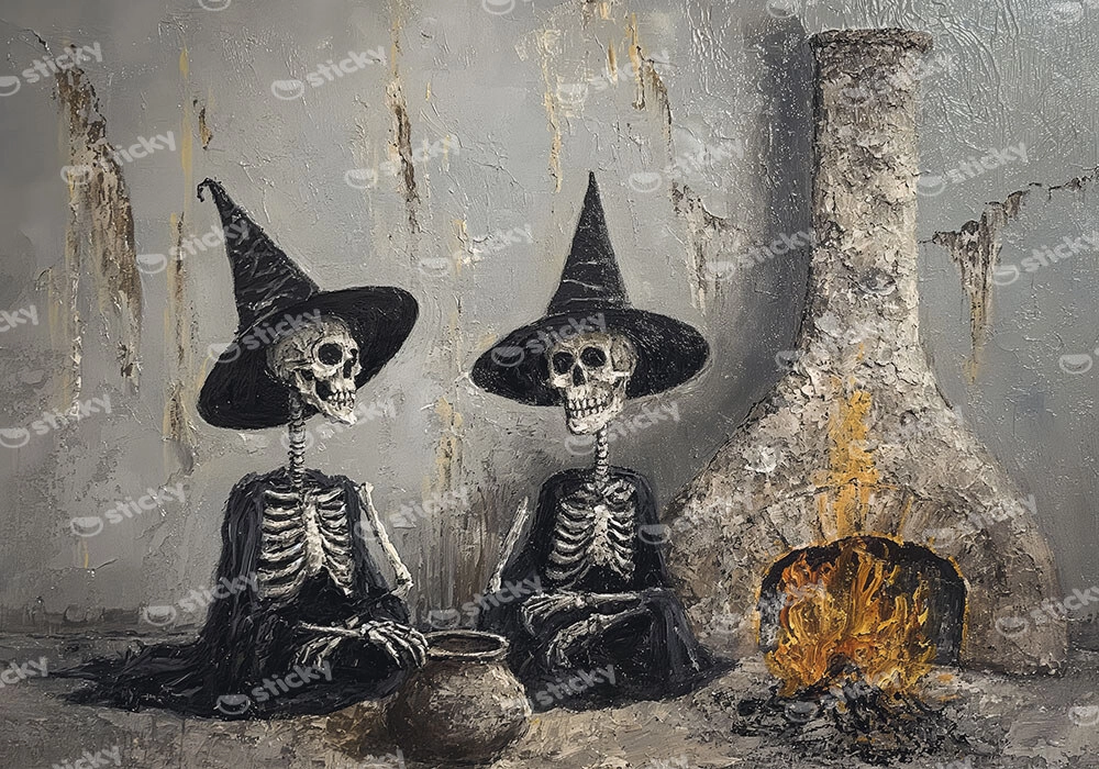 Πίνακας σε Καμβά VINTAGE AUTUMN HALLOWEEN SKELETON WITCHES