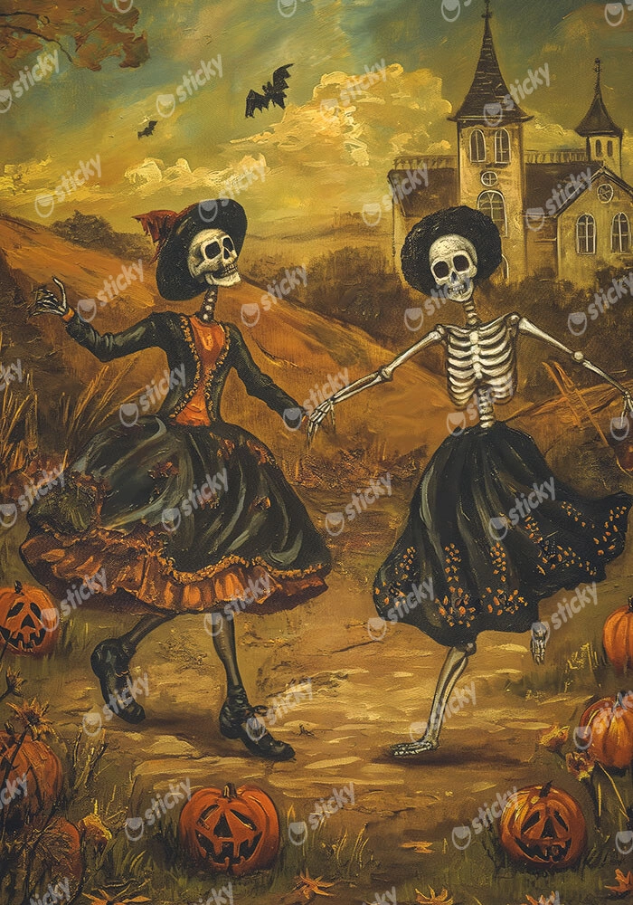 Canvas Print VINTAGE AUTUMN HALLOWEEN SKELETONS DANCING 5