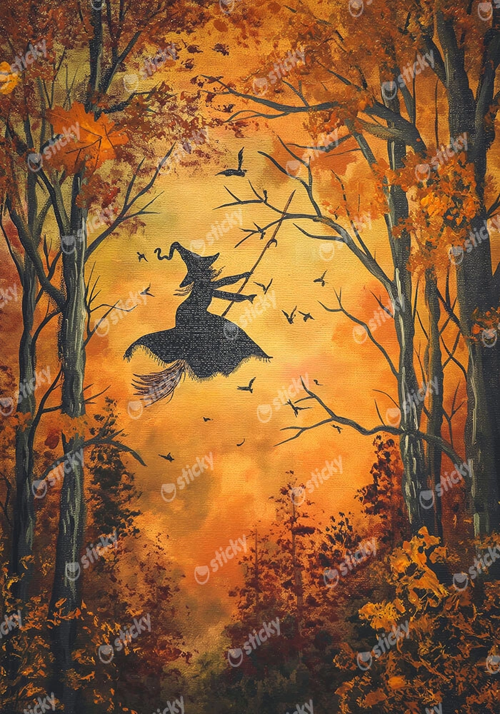 Πίνακας σε Καμβά VINTAGE AUTUMN HALLOWEEN WITCH FLYING