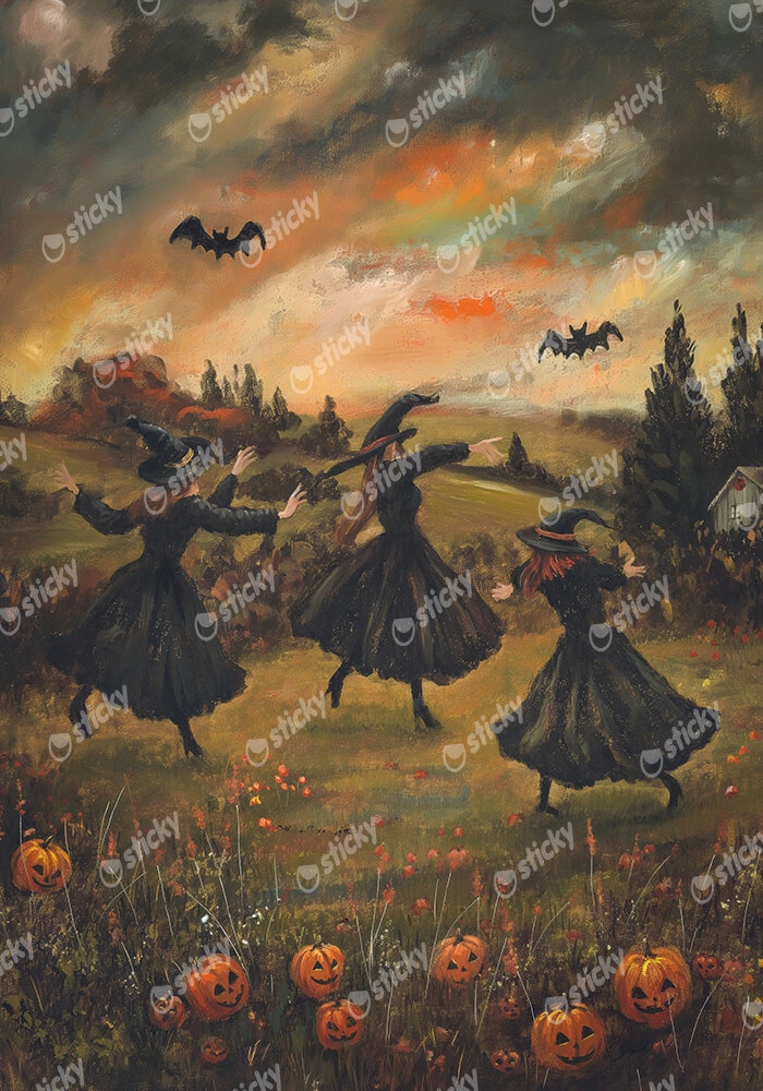 Πίνακας σε Καμβά VINTAGE AUTUMN HALLOWEEN WITCHES DANCING 2
