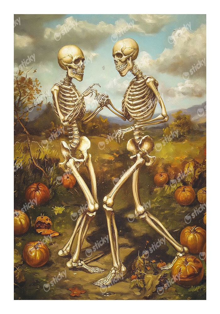 Poster VINTAGE AUTUMN HALLOWEEN SKELETONS DANCING 2