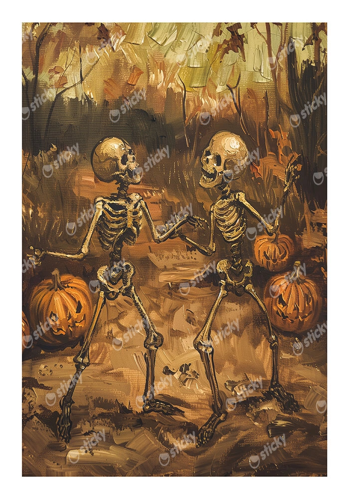 Poster VINTAGE AUTUMN HALLOWEEN SKELETONS DANCING 3