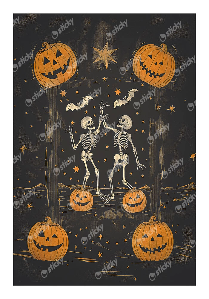 Poster VINTAGE AUTUMN HALLOWEEN SKELETONS DANCING 4