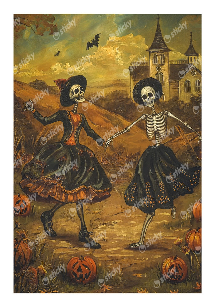 Poster VINTAGE AUTUMN HALLOWEEN SKELETONS DANCING 5