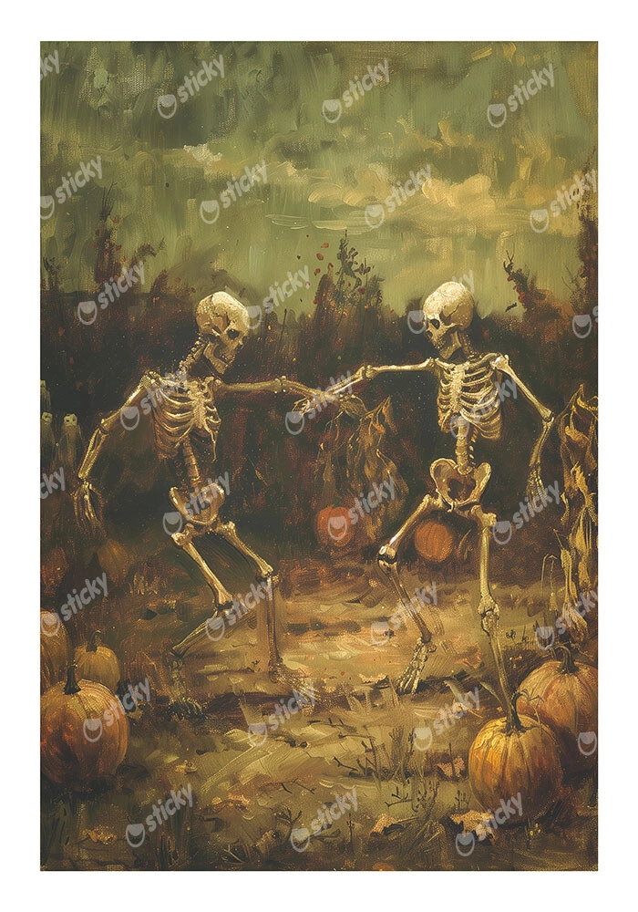 Poster VINTAGE AUTUMN HALLOWEEN SKELETONS DANCING