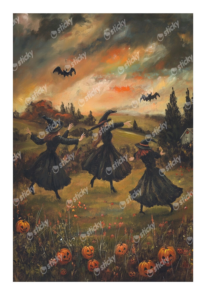 Poster VINTAGE AUTUMN HALLOWEEN WITCHES DANCING 2