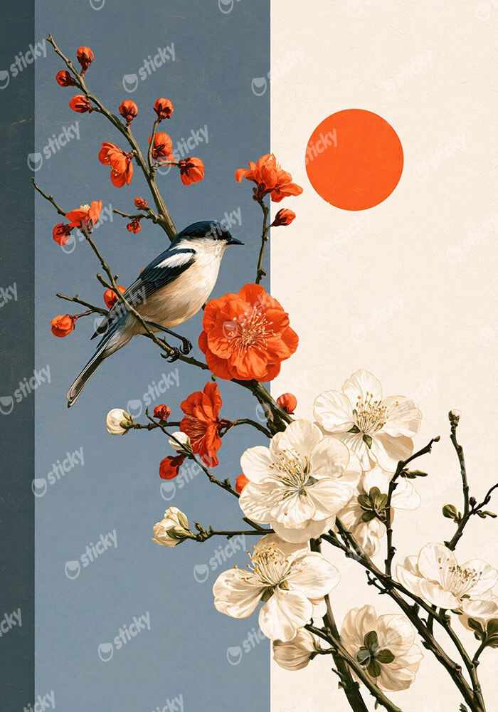 Πίνακας σε Καμβά JAPANESE BIRD ON BRANCH