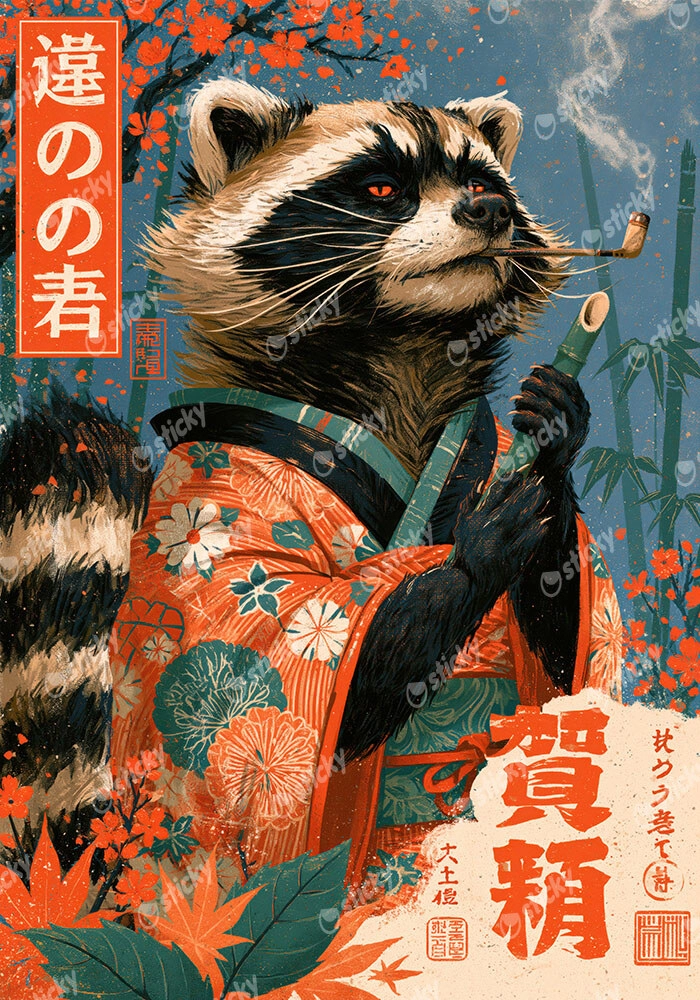 Πίνακας σε Καμβά JAPANESE RACCOON SMOKING