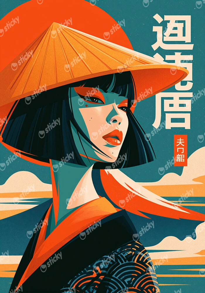 Πίνακας σε Καμβά JAPANESE WOMAN TIHE STRAW HAT