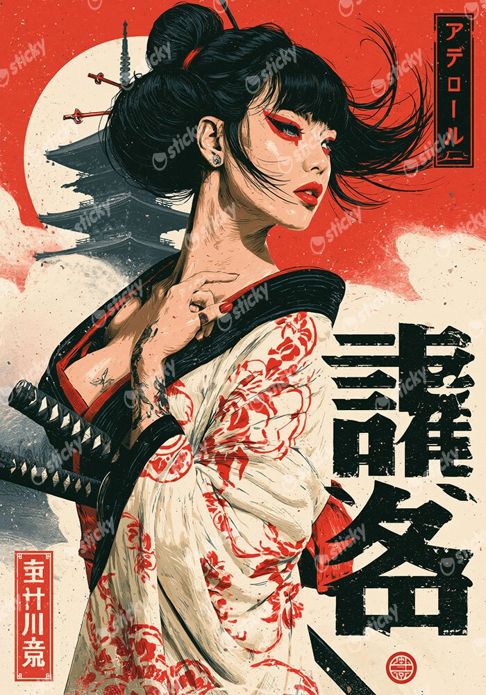 Πίνακας σε Καμβά JAPANESE WOMAN WITH KIMONO AND KATANAS