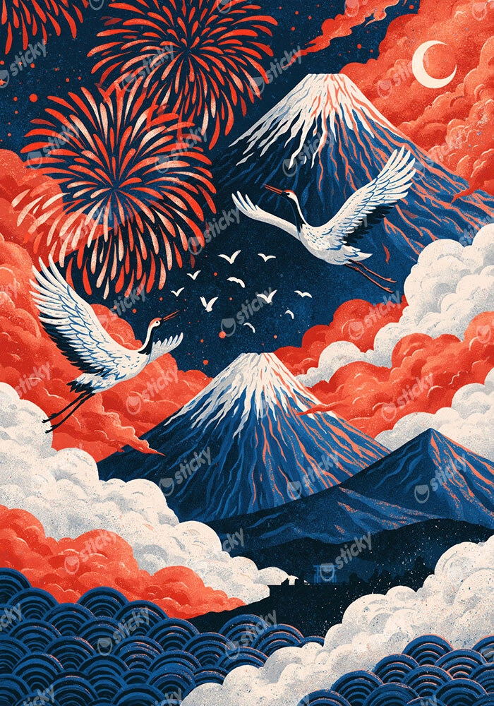 Canvas Wall Art JAPANESE CRANES WITH MOUNTAINS