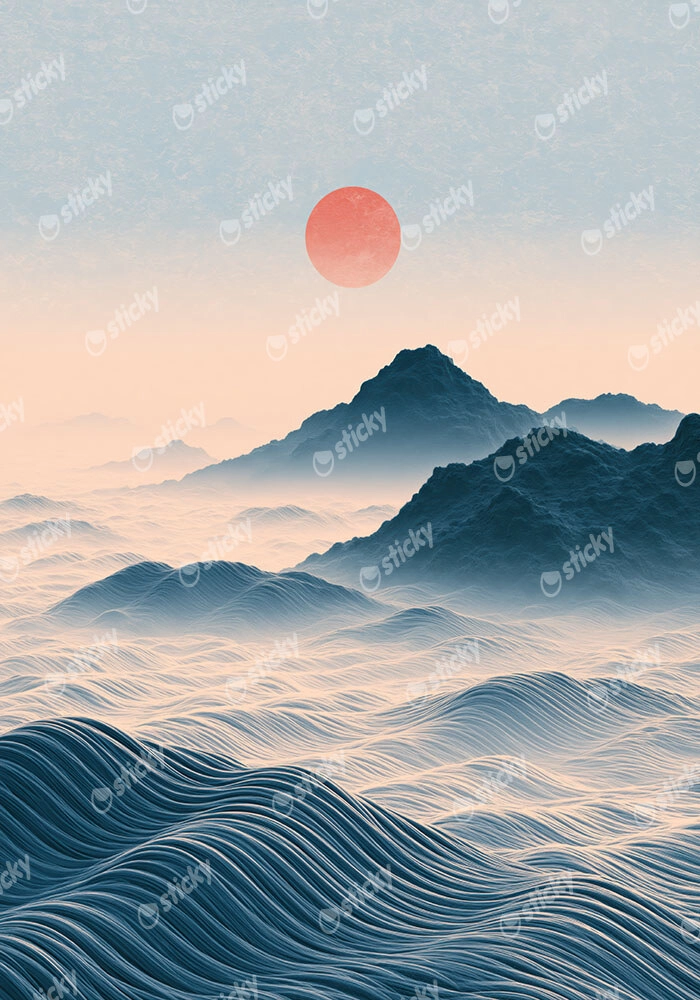 Canvas Print JAPANESE MOUNTAINS WITH RED SUN