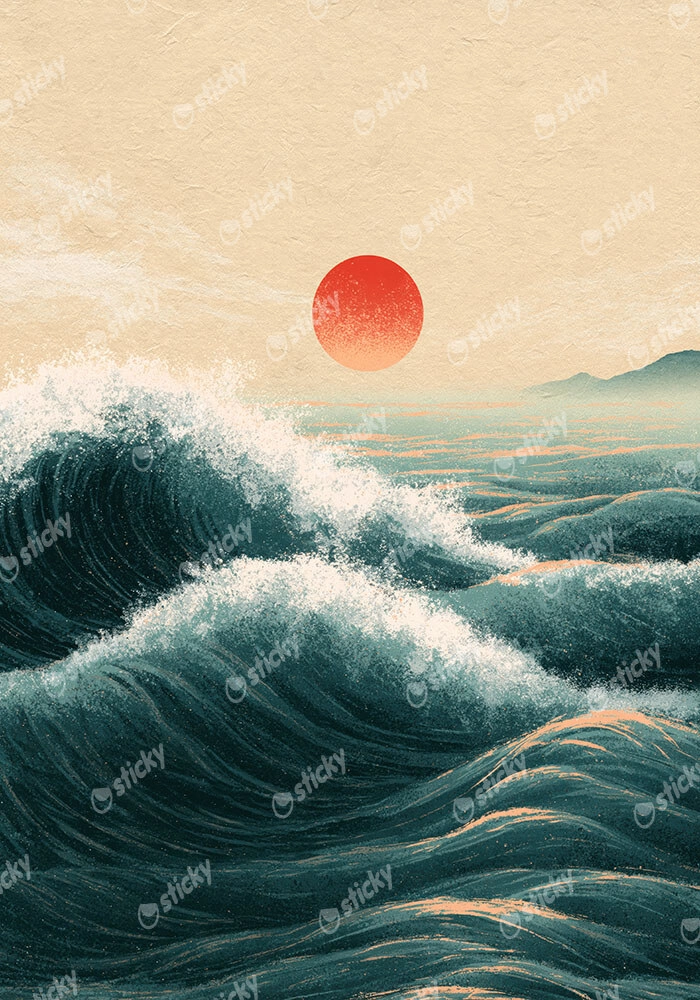 Πίνακας σε Καμβά JAPANESE WAVES WITH RED SUN 5