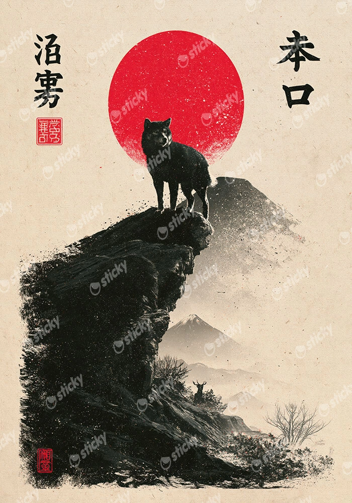 Πίνακας σε Καμβά JAPANESE WOLF WITH RED SUN