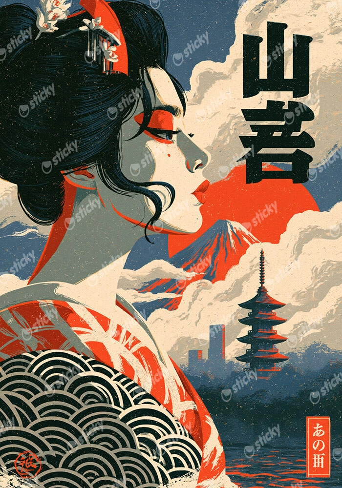 Πίνακας σε Καμβά JAPANESE WOMAN WITH KIMONO AND PAGODA