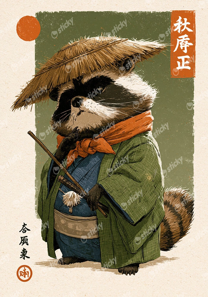 Πίνακας σε Καμβά JAPANESE RACCOON WITH STRAW HAT