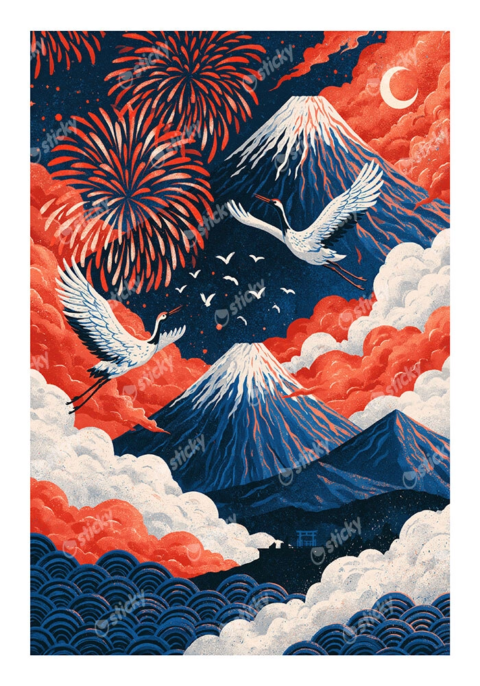 Poster JAPANESE CRANES WITH MOUNTAINS