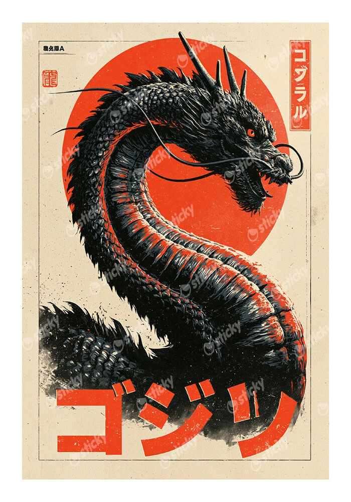 Poster JAPANESE DRAGON WITH RED SUN