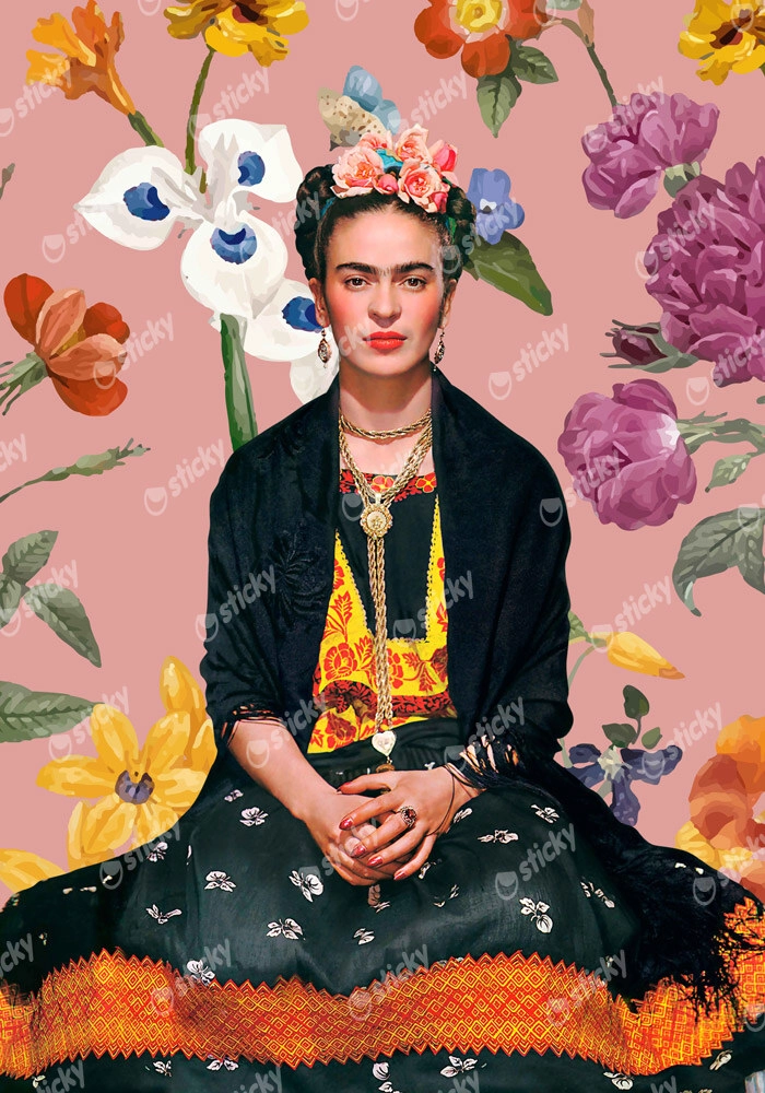 Πινακας σε καμβά FRIDA KAHLO ON PINK FLORAL