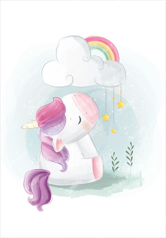Πόστερ CUTE UNICORN SITTING UNDER RAINBOW CLOUD